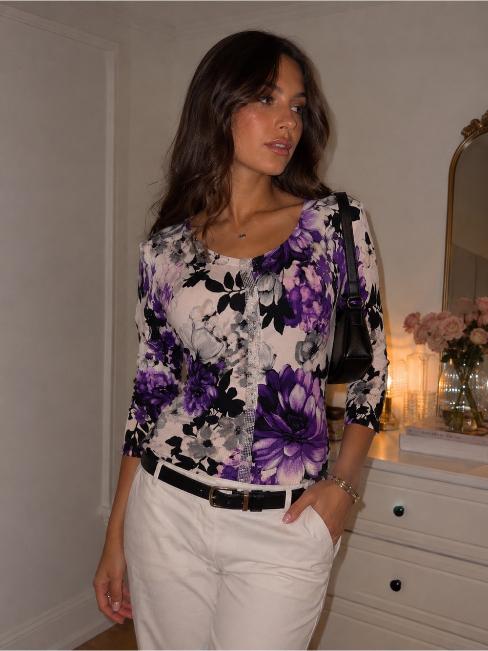White House Black Market Purple Floral Rhinestone Sweater Top XS
